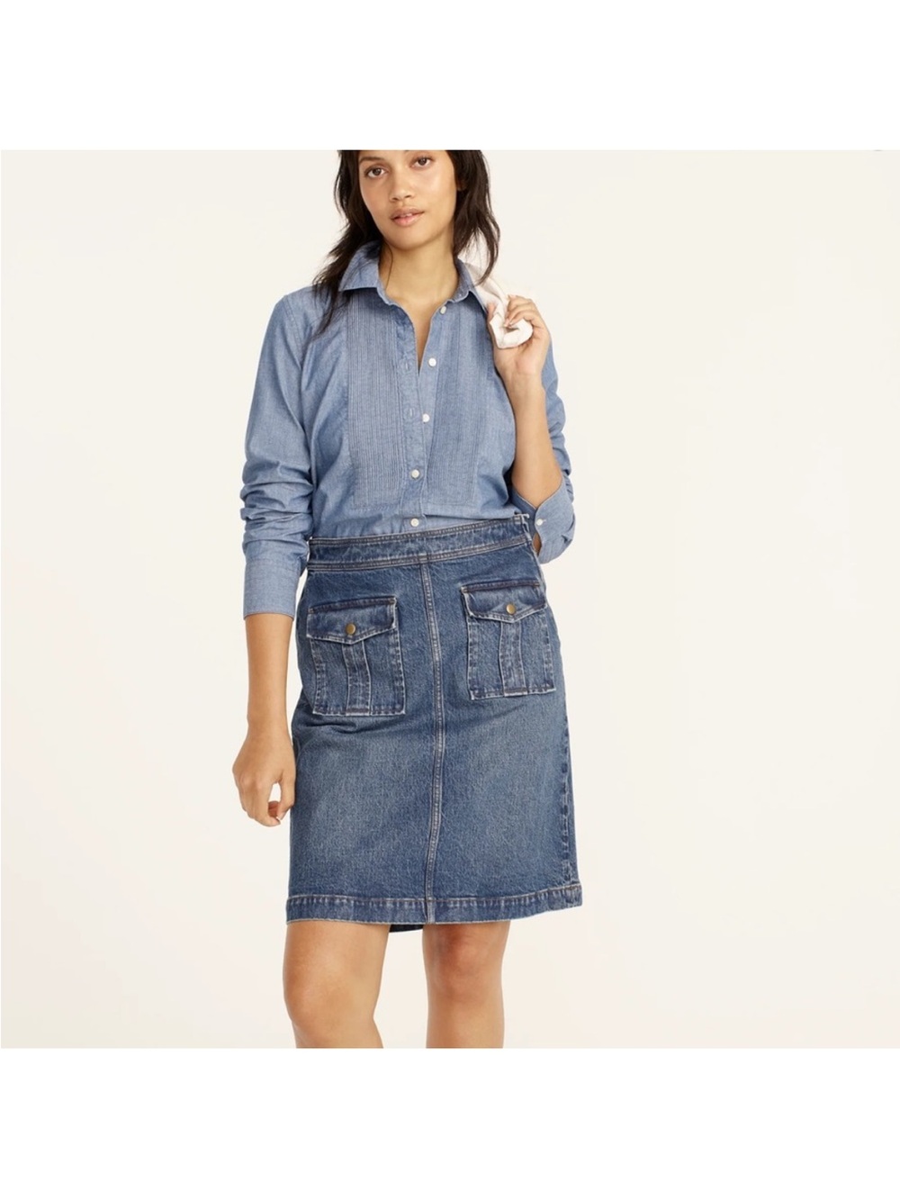 NWT J.Crew Denim Cargo Utility Pocket Skirt Size 26 Blue Jean A-Line Midi